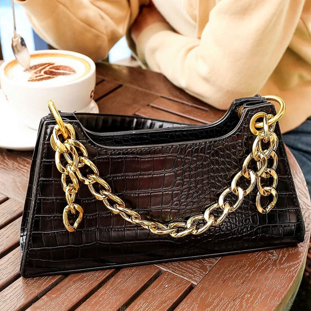 NWOT Amazon Crocodile Black & Gold Chain Shoulder Bag - Picture 2 of 8